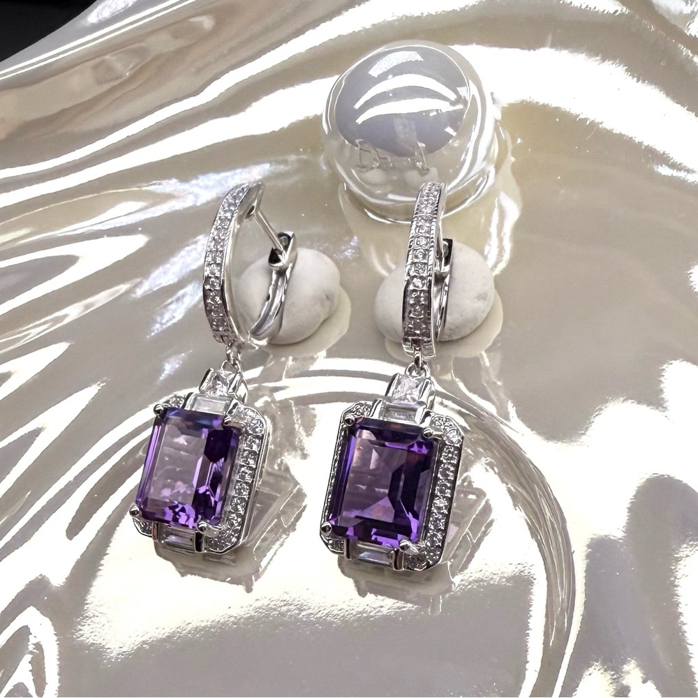EA1 6.9CT High Quality Natural Russian Amethyst Huggies Earrings Rhodium S925 - Picture 8 of 12